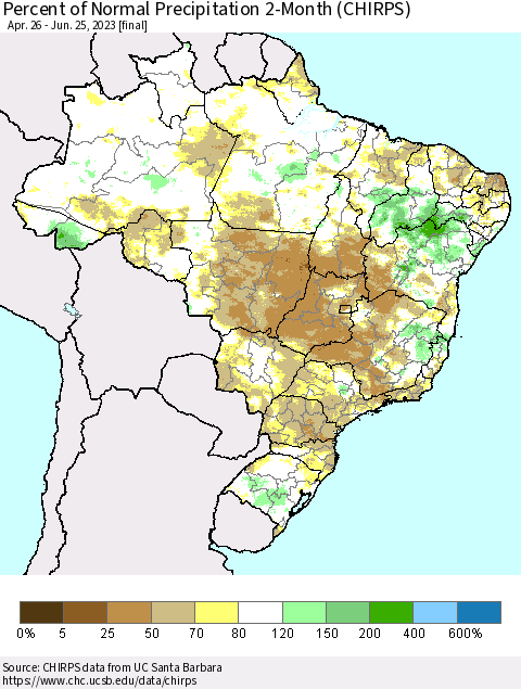 Brazil Percent of Normal Precipitation 2-Month (CHIRPS) Thematic Map For 4/26/2023 - 6/25/2023