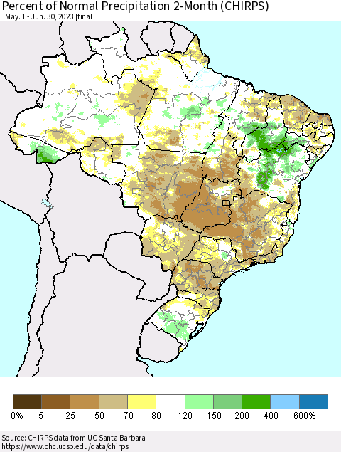 Brazil Percent of Normal Precipitation 2-Month (CHIRPS) Thematic Map For 5/1/2023 - 6/30/2023