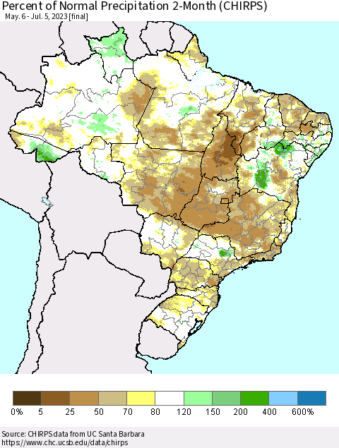 Brazil Percent of Normal Precipitation 2-Month (CHIRPS) Thematic Map For 5/6/2023 - 7/5/2023