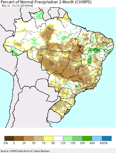 Brazil Percent of Normal Precipitation 2-Month (CHIRPS) Thematic Map For 5/11/2023 - 7/10/2023