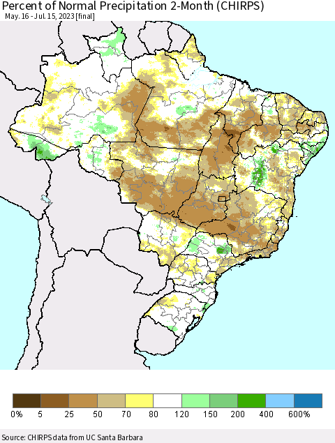 Brazil Percent of Normal Precipitation 2-Month (CHIRPS) Thematic Map For 5/16/2023 - 7/15/2023