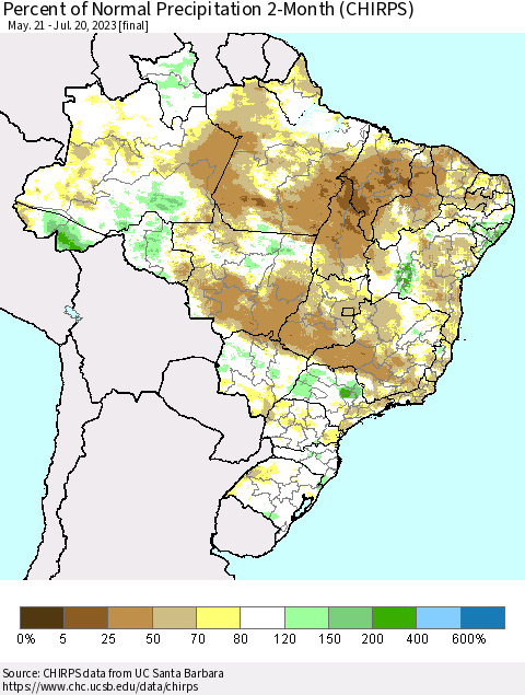Brazil Percent of Normal Precipitation 2-Month (CHIRPS) Thematic Map For 5/21/2023 - 7/20/2023