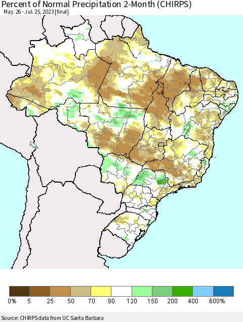 Brazil Percent of Normal Precipitation 2-Month (CHIRPS) Thematic Map For 5/26/2023 - 7/25/2023