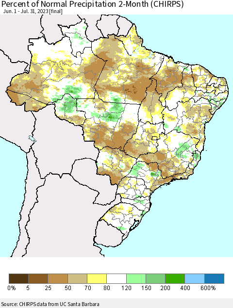 Brazil Percent of Normal Precipitation 2-Month (CHIRPS) Thematic Map For 6/1/2023 - 7/31/2023
