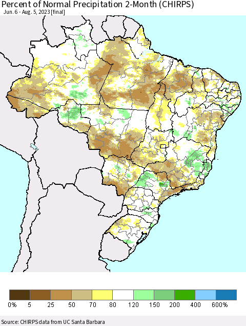 Brazil Percent of Normal Precipitation 2-Month (CHIRPS) Thematic Map For 6/6/2023 - 8/5/2023