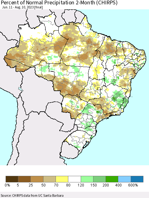 Brazil Percent of Normal Precipitation 2-Month (CHIRPS) Thematic Map For 6/11/2023 - 8/10/2023