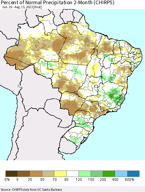 Brazil Percent of Normal Precipitation 2-Month (CHIRPS) Thematic Map For 6/16/2023 - 8/15/2023