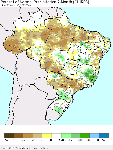 Brazil Percent of Normal Precipitation 2-Month (CHIRPS) Thematic Map For 6/21/2023 - 8/20/2023