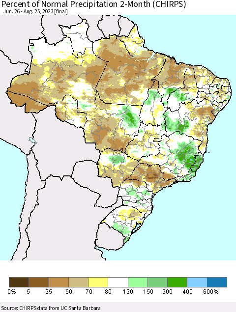 Brazil Percent of Normal Precipitation 2-Month (CHIRPS) Thematic Map For 6/26/2023 - 8/25/2023
