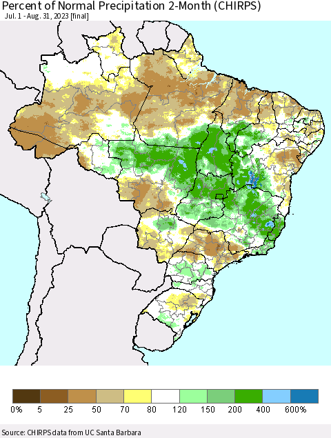 Brazil Percent of Normal Precipitation 2-Month (CHIRPS) Thematic Map For 7/1/2023 - 8/31/2023