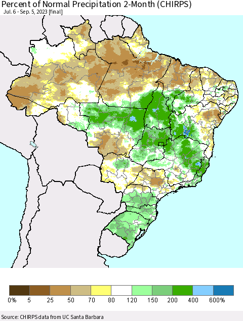 Brazil Percent of Normal Precipitation 2-Month (CHIRPS) Thematic Map For 7/6/2023 - 9/5/2023