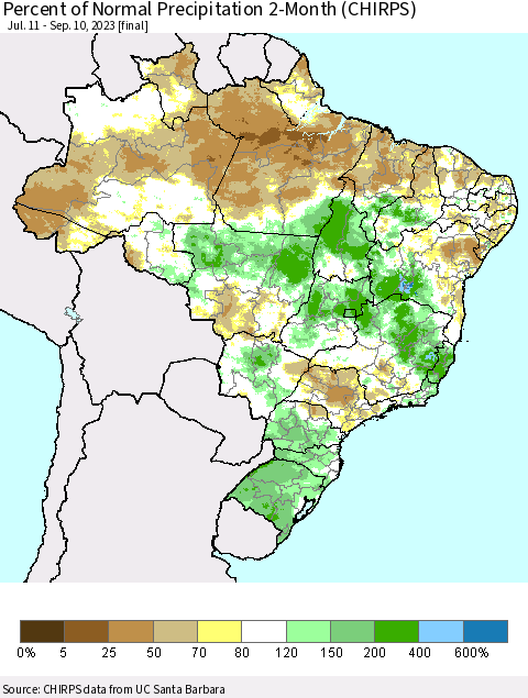 Brazil Percent of Normal Precipitation 2-Month (CHIRPS) Thematic Map For 7/11/2023 - 9/10/2023