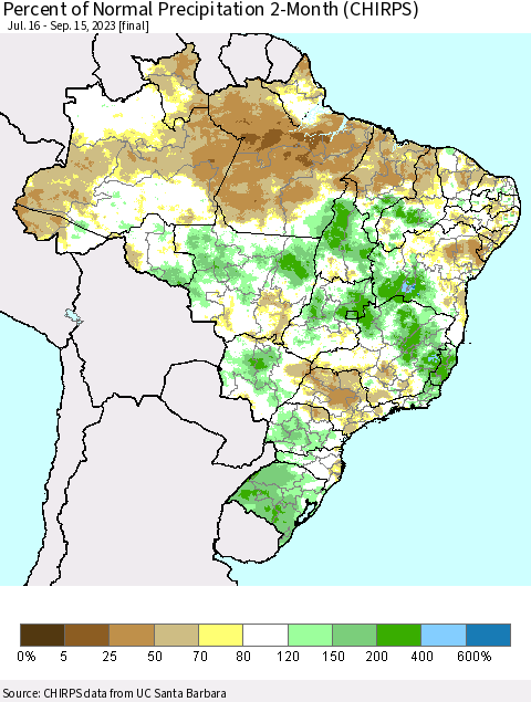 Brazil Percent of Normal Precipitation 2-Month (CHIRPS) Thematic Map For 7/16/2023 - 9/15/2023