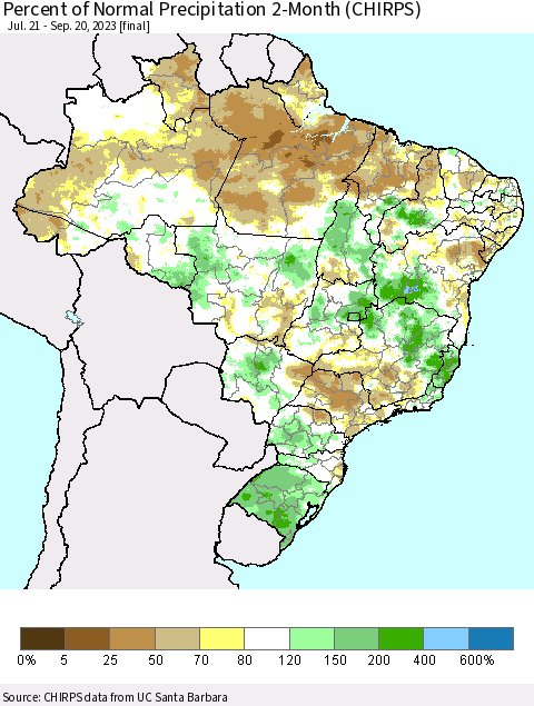 Brazil Percent of Normal Precipitation 2-Month (CHIRPS) Thematic Map For 7/21/2023 - 9/20/2023
