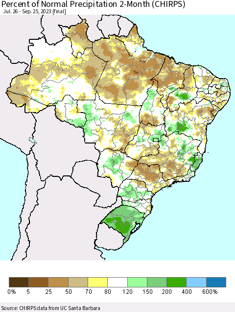 Brazil Percent of Normal Precipitation 2-Month (CHIRPS) Thematic Map For 7/26/2023 - 9/25/2023