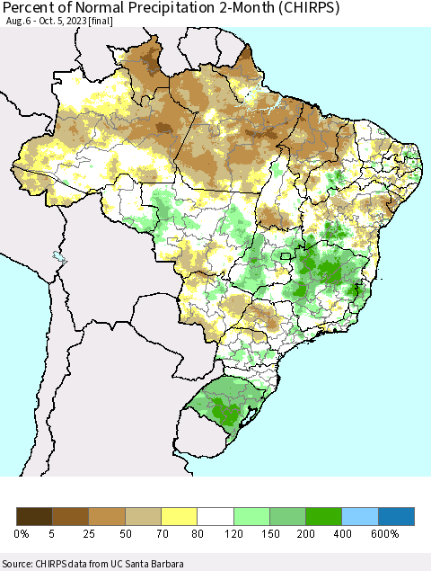 Brazil Percent of Normal Precipitation 2-Month (CHIRPS) Thematic Map For 8/6/2023 - 10/5/2023