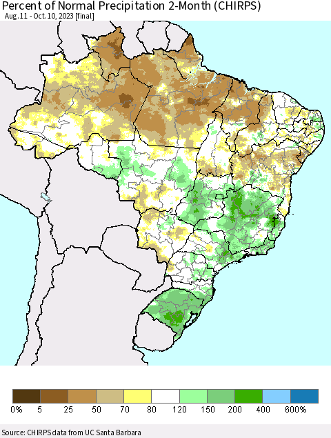 Brazil Percent of Normal Precipitation 2-Month (CHIRPS) Thematic Map For 8/11/2023 - 10/10/2023
