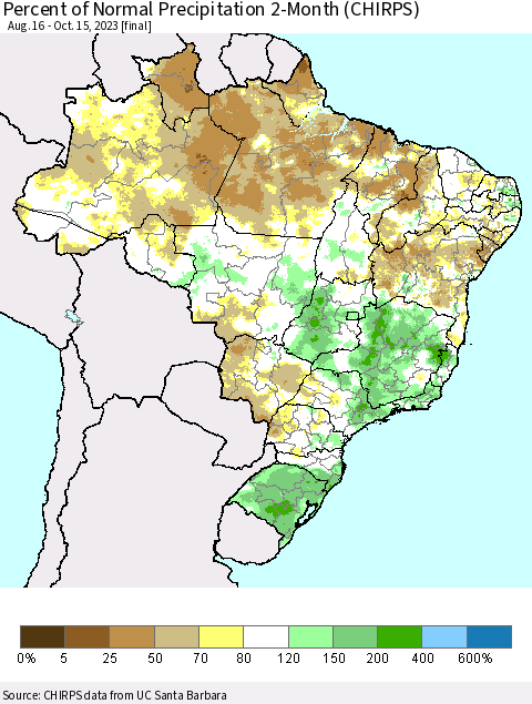 Brazil Percent of Normal Precipitation 2-Month (CHIRPS) Thematic Map For 8/16/2023 - 10/15/2023