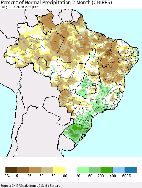 Brazil Percent of Normal Precipitation 2-Month (CHIRPS) Thematic Map For 8/21/2023 - 10/20/2023