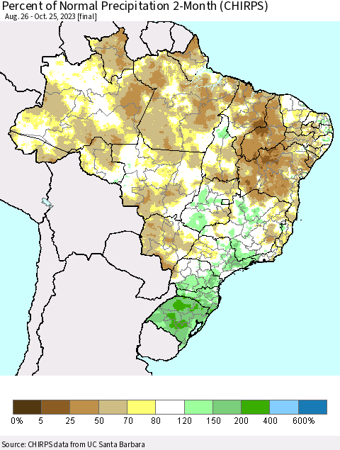 Brazil Percent of Normal Precipitation 2-Month (CHIRPS) Thematic Map For 8/26/2023 - 10/25/2023