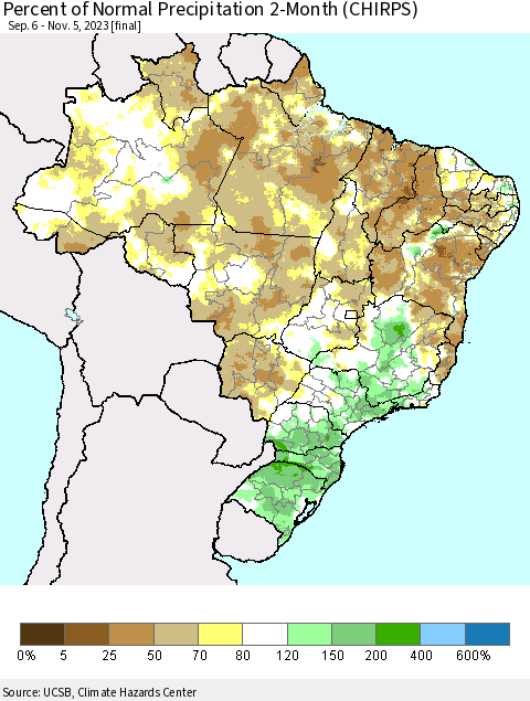 Brazil Percent of Normal Precipitation 2-Month (CHIRPS) Thematic Map For 9/6/2023 - 11/5/2023