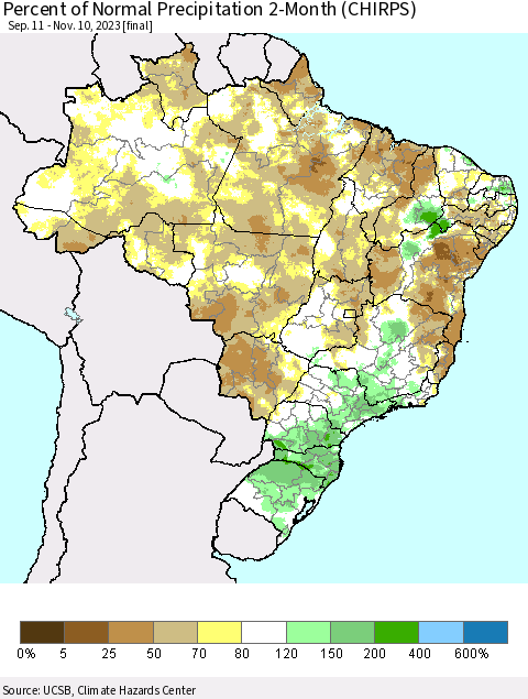 Brazil Percent of Normal Precipitation 2-Month (CHIRPS) Thematic Map For 9/11/2023 - 11/10/2023