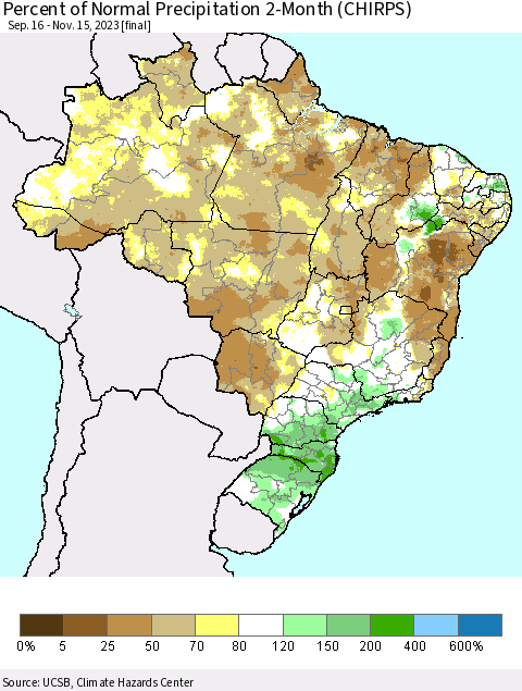 Brazil Percent of Normal Precipitation 2-Month (CHIRPS) Thematic Map For 9/16/2023 - 11/15/2023