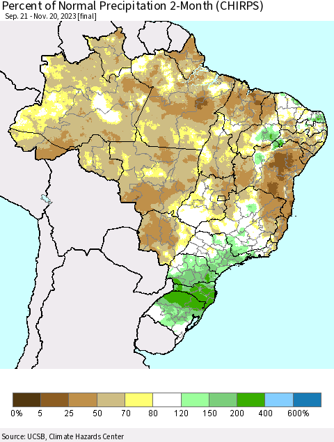 Brazil Percent of Normal Precipitation 2-Month (CHIRPS) Thematic Map For 9/21/2023 - 11/20/2023