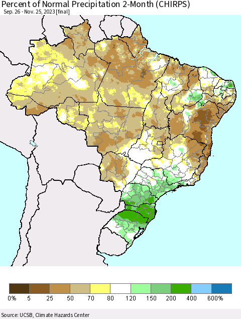 Brazil Percent of Normal Precipitation 2-Month (CHIRPS) Thematic Map For 9/26/2023 - 11/25/2023