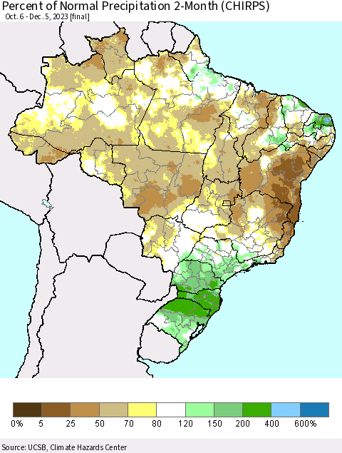 Brazil Percent of Normal Precipitation 2-Month (CHIRPS) Thematic Map For 10/6/2023 - 12/5/2023
