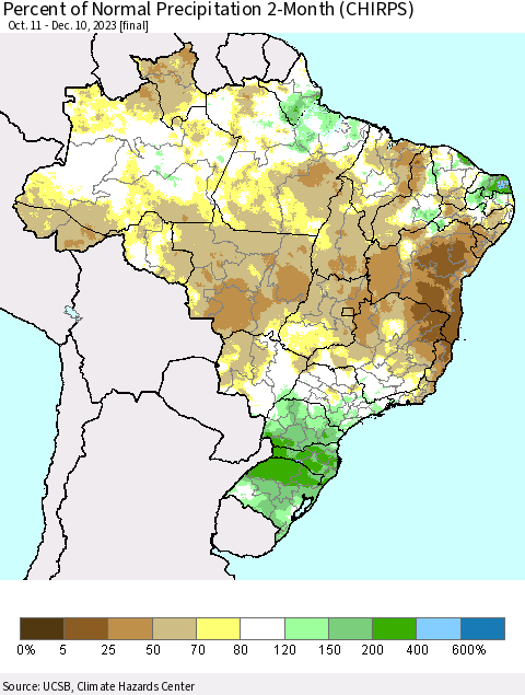 Brazil Percent of Normal Precipitation 2-Month (CHIRPS) Thematic Map For 10/11/2023 - 12/10/2023