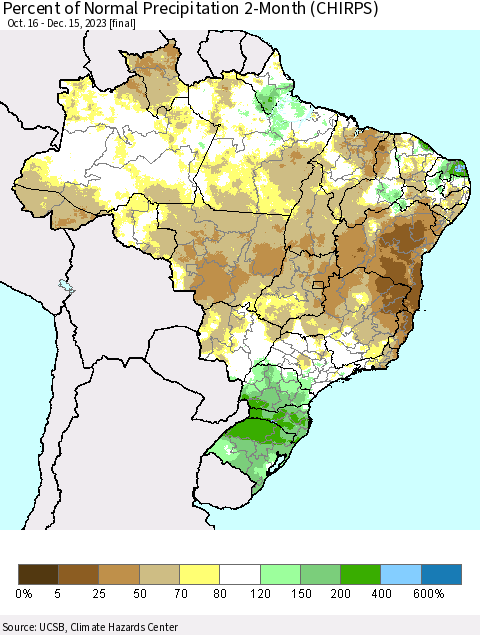 Brazil Percent of Normal Precipitation 2-Month (CHIRPS) Thematic Map For 10/16/2023 - 12/15/2023