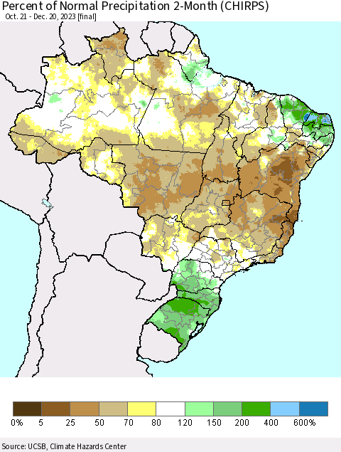 Brazil Percent of Normal Precipitation 2-Month (CHIRPS) Thematic Map For 10/21/2023 - 12/20/2023