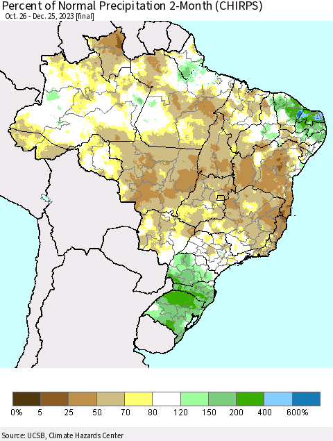 Brazil Percent of Normal Precipitation 2-Month (CHIRPS) Thematic Map For 10/26/2023 - 12/25/2023