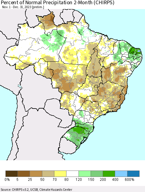 Brazil Percent of Normal Precipitation 2-Month (CHIRPS) Thematic Map For 11/1/2023 - 12/31/2023