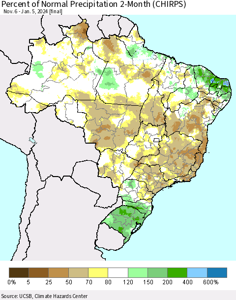 Brazil Percent of Normal Precipitation 2-Month (CHIRPS) Thematic Map For 11/6/2023 - 1/5/2024
