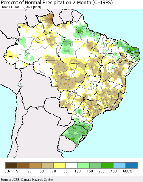 Brazil Percent of Normal Precipitation 2-Month (CHIRPS) Thematic Map For 11/11/2023 - 1/10/2024