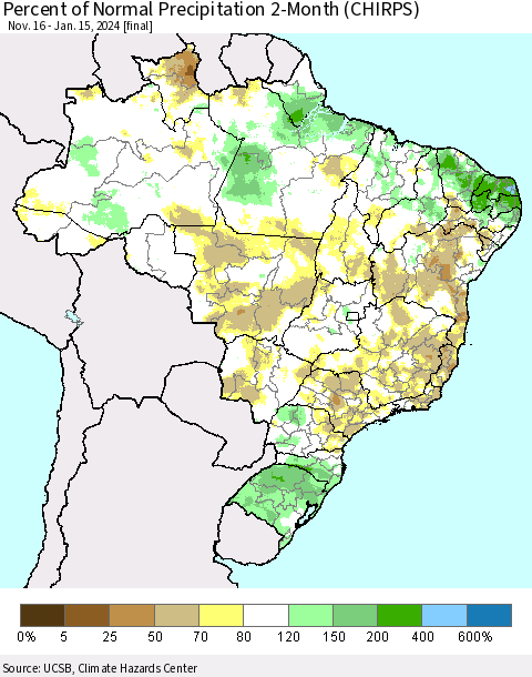 Brazil Percent of Normal Precipitation 2-Month (CHIRPS) Thematic Map For 11/16/2023 - 1/15/2024