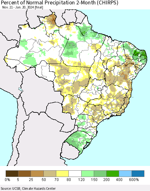 Brazil Percent of Normal Precipitation 2-Month (CHIRPS) Thematic Map For 11/21/2023 - 1/20/2024