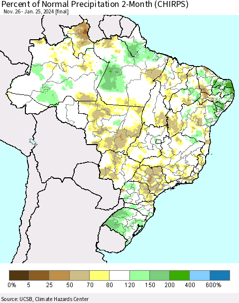 Brazil Percent of Normal Precipitation 2-Month (CHIRPS) Thematic Map For 11/26/2023 - 1/25/2024