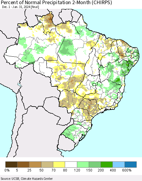 Brazil Percent of Normal Precipitation 2-Month (CHIRPS) Thematic Map For 12/1/2023 - 1/31/2024