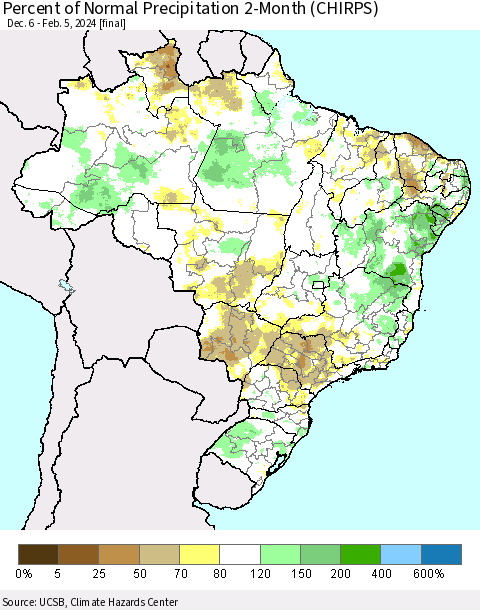 Brazil Percent of Normal Precipitation 2-Month (CHIRPS) Thematic Map For 12/6/2023 - 2/5/2024