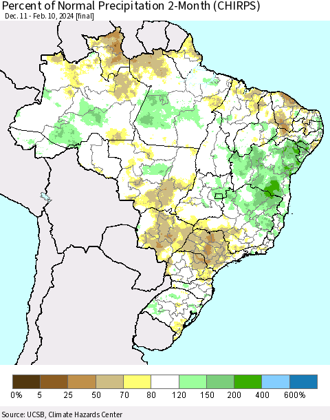 Brazil Percent of Normal Precipitation 2-Month (CHIRPS) Thematic Map For 12/11/2023 - 2/10/2024