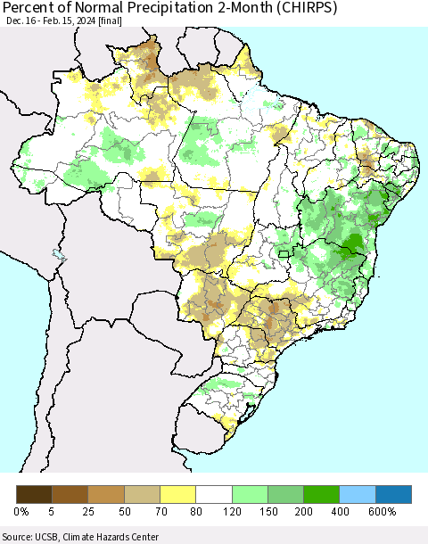 Brazil Percent of Normal Precipitation 2-Month (CHIRPS) Thematic Map For 12/16/2023 - 2/15/2024