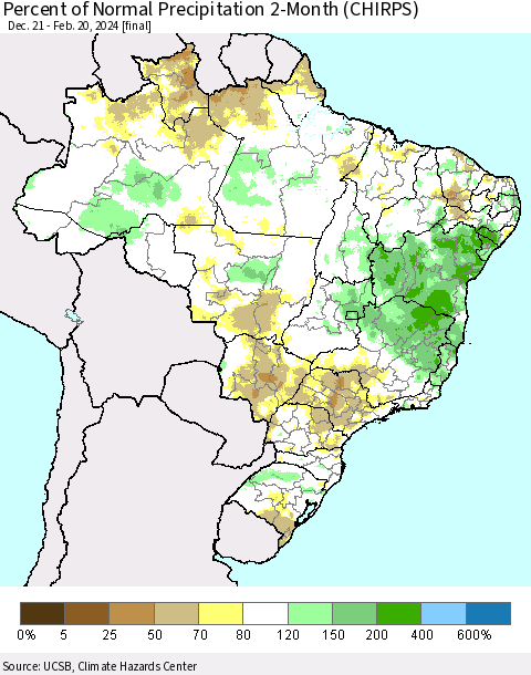 Brazil Percent of Normal Precipitation 2-Month (CHIRPS) Thematic Map For 12/21/2023 - 2/20/2024