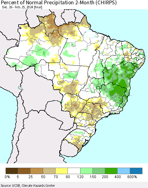 Brazil Percent of Normal Precipitation 2-Month (CHIRPS) Thematic Map For 12/26/2023 - 2/25/2024