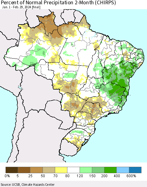 Brazil Percent of Normal Precipitation 2-Month (CHIRPS) Thematic Map For 1/1/2024 - 2/29/2024