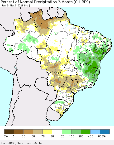Brazil Percent of Normal Precipitation 2-Month (CHIRPS) Thematic Map For 1/6/2024 - 3/5/2024