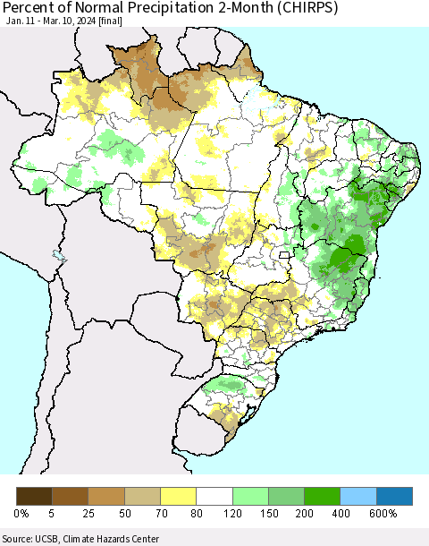 Brazil Percent of Normal Precipitation 2-Month (CHIRPS) Thematic Map For 1/11/2024 - 3/10/2024