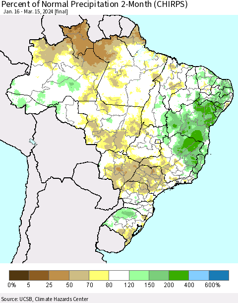 Brazil Percent of Normal Precipitation 2-Month (CHIRPS) Thematic Map For 1/16/2024 - 3/15/2024